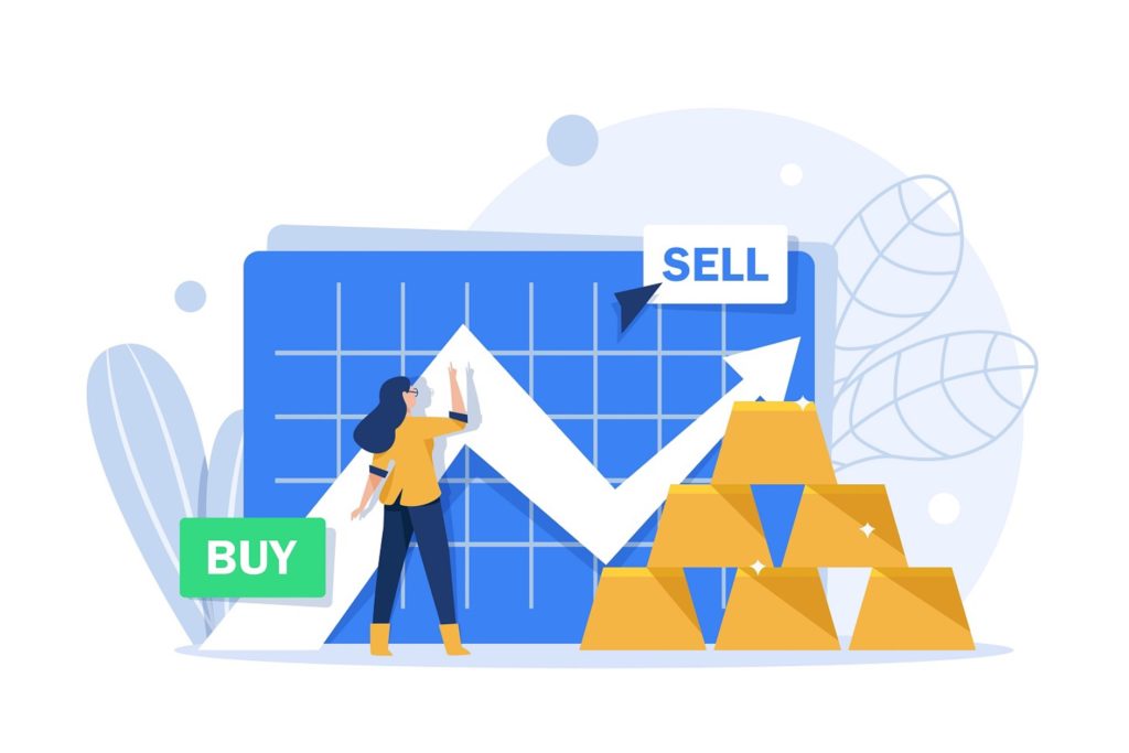 characterised buy and sell in gold trading graph with gold bars