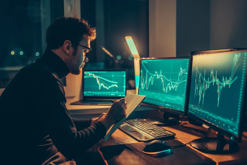 trader jotting down notes while looking at multiple monitors with trading charts