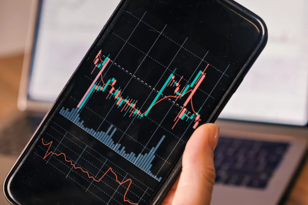 trading chart pattern candlesticks forming uptrend on a mobile phone