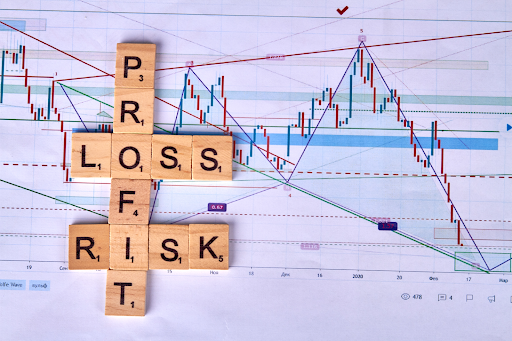 wooden cubes with profit risk and loss words