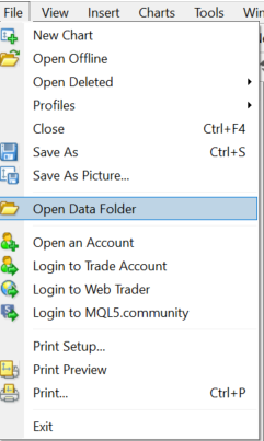 open data folder on MT4 trading platform to add expert advisor
