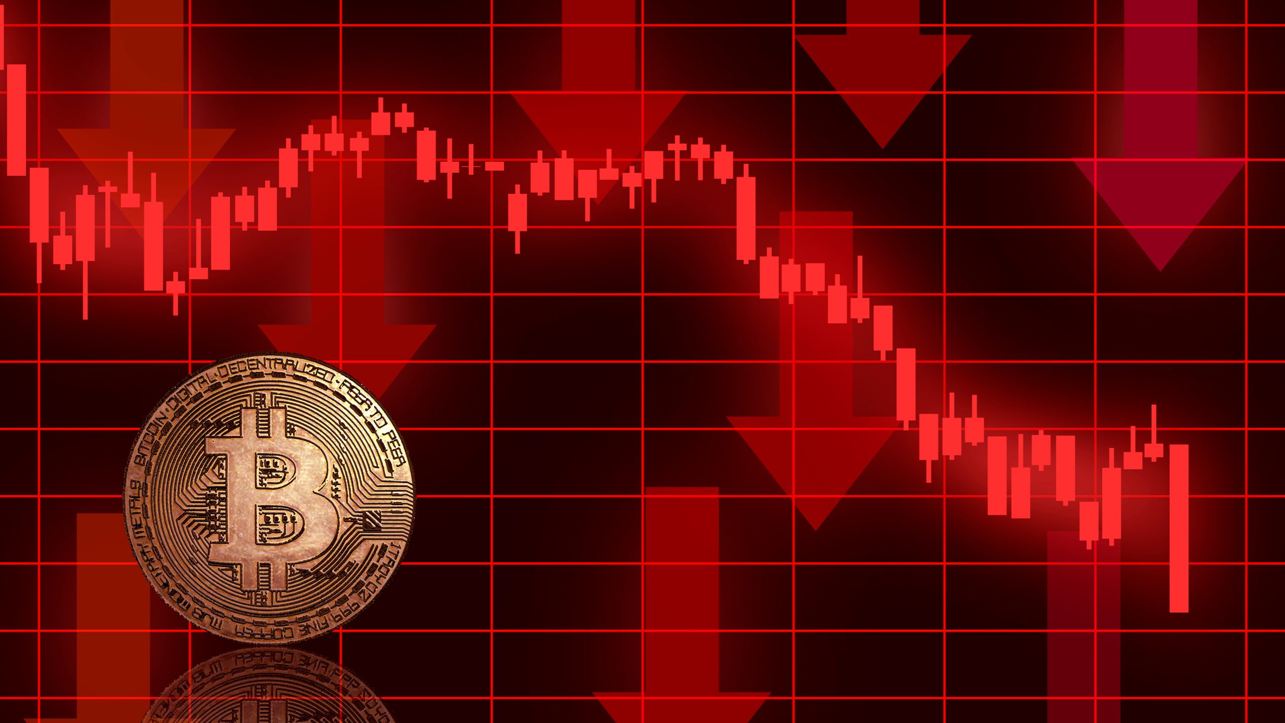 Bitcoin coin over a red stock market chart with downward arrows, signaling a crypto market decline.