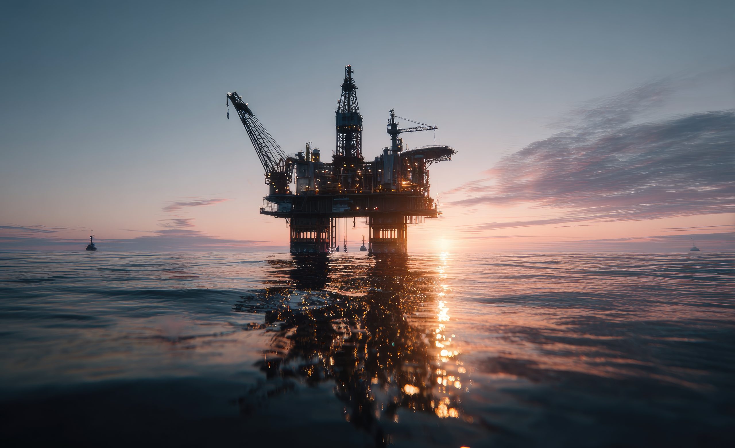 Offshore oil platform lit up at sunset, standing in calm ocean water with the sun near the horizon and its reflection on the surface.
