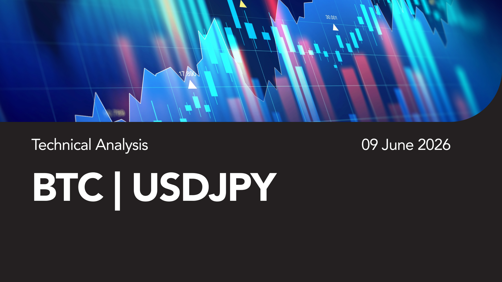 Banner showing technical analysis for Bitcoin and USD/JPY with date 09 June 2026 and a blue market chart background