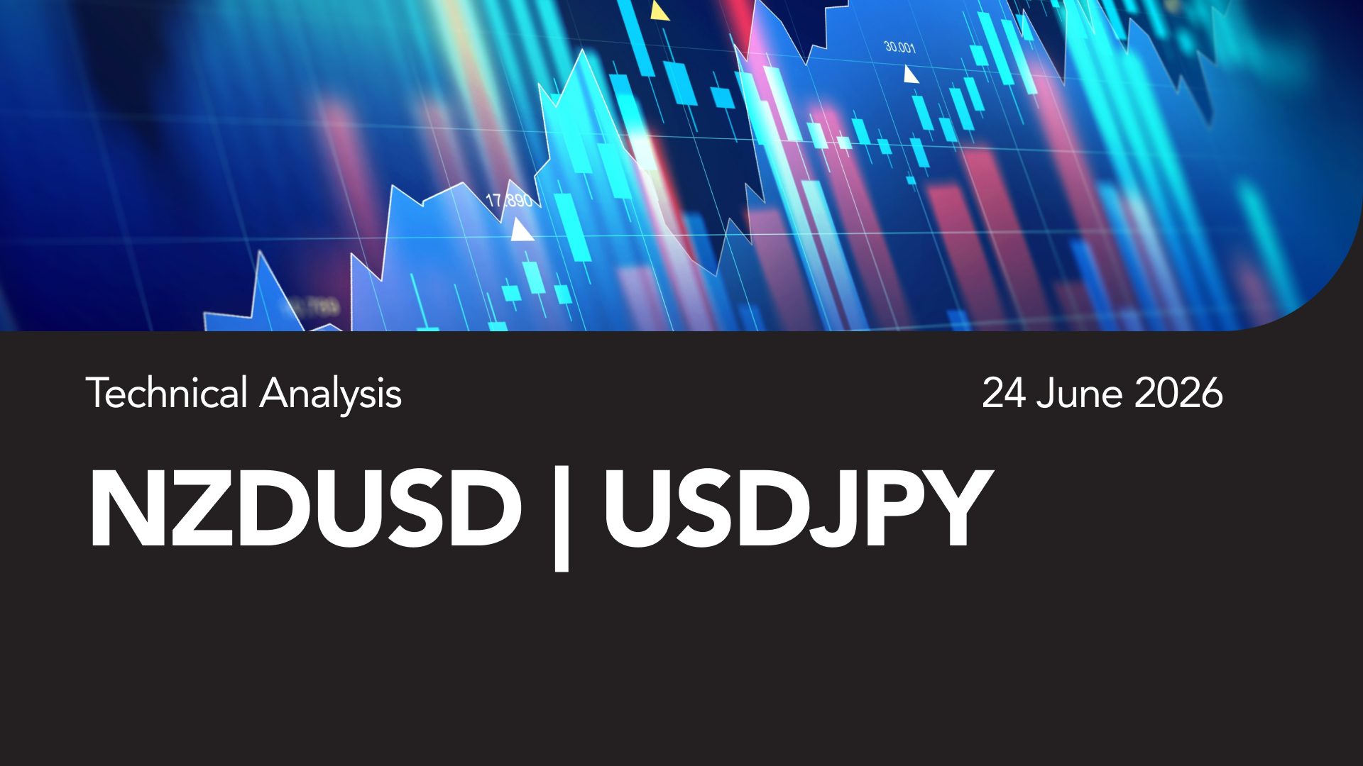 Technical analysis banner showing NZDUSD and USDJPY with a blue financial chart and date 24 June 2026