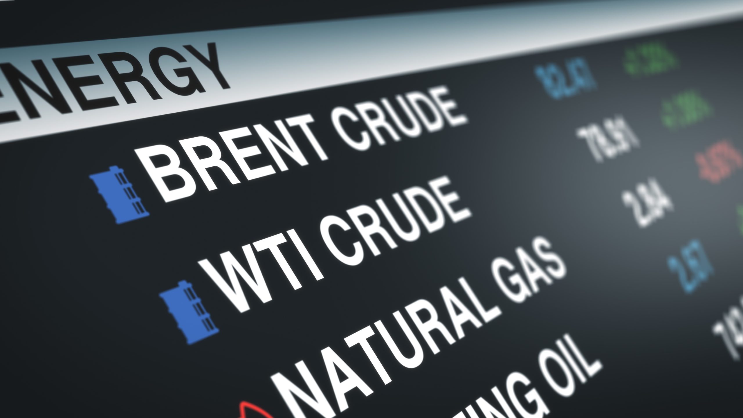 Energy market dashboard showing Brent Crude and Natural Gas listings with a blue oil rig icon and ticker values on the right.