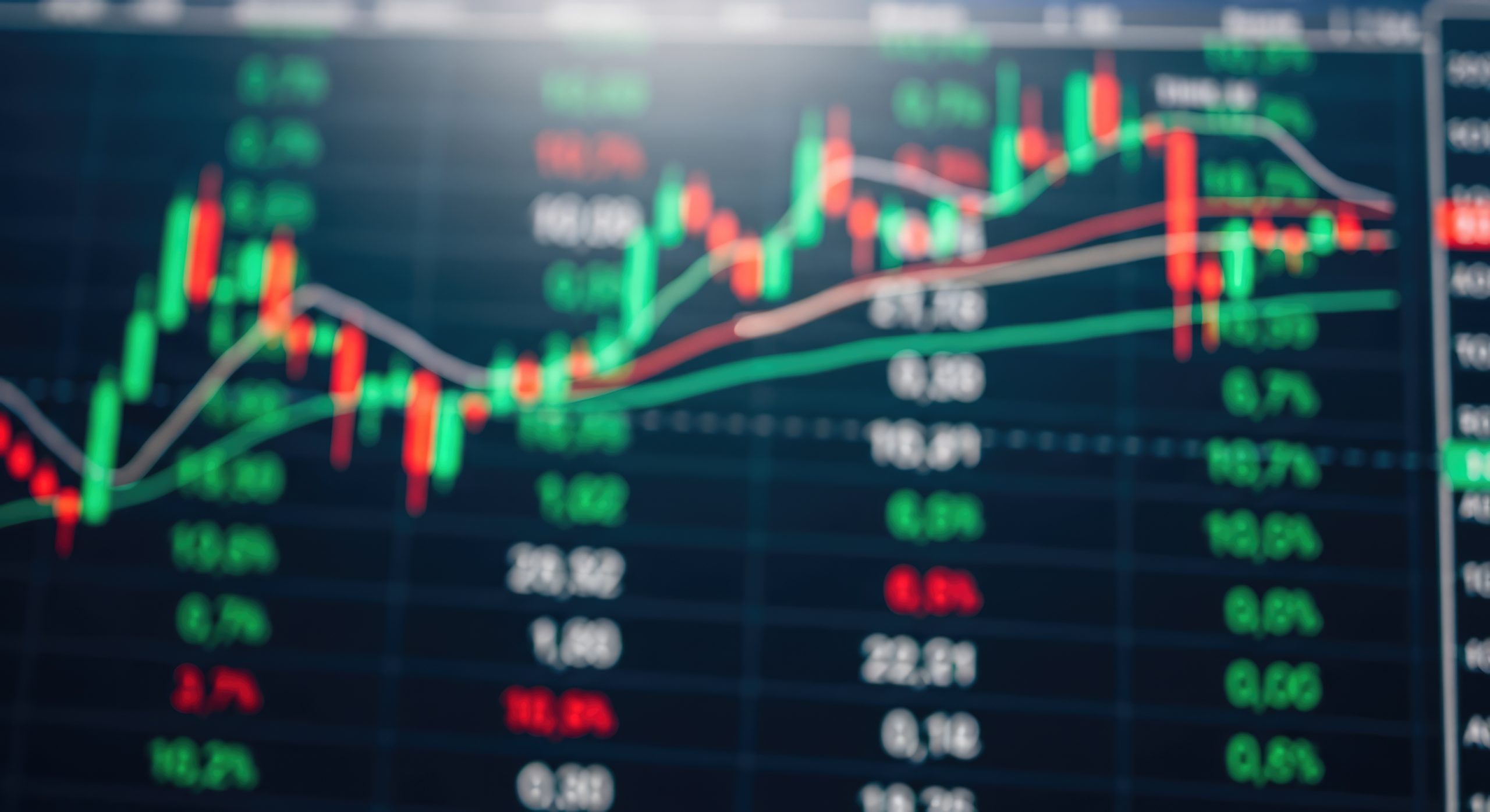 Blurred stock chart with green and red candlesticks and moving-average lines, indicating price activity.