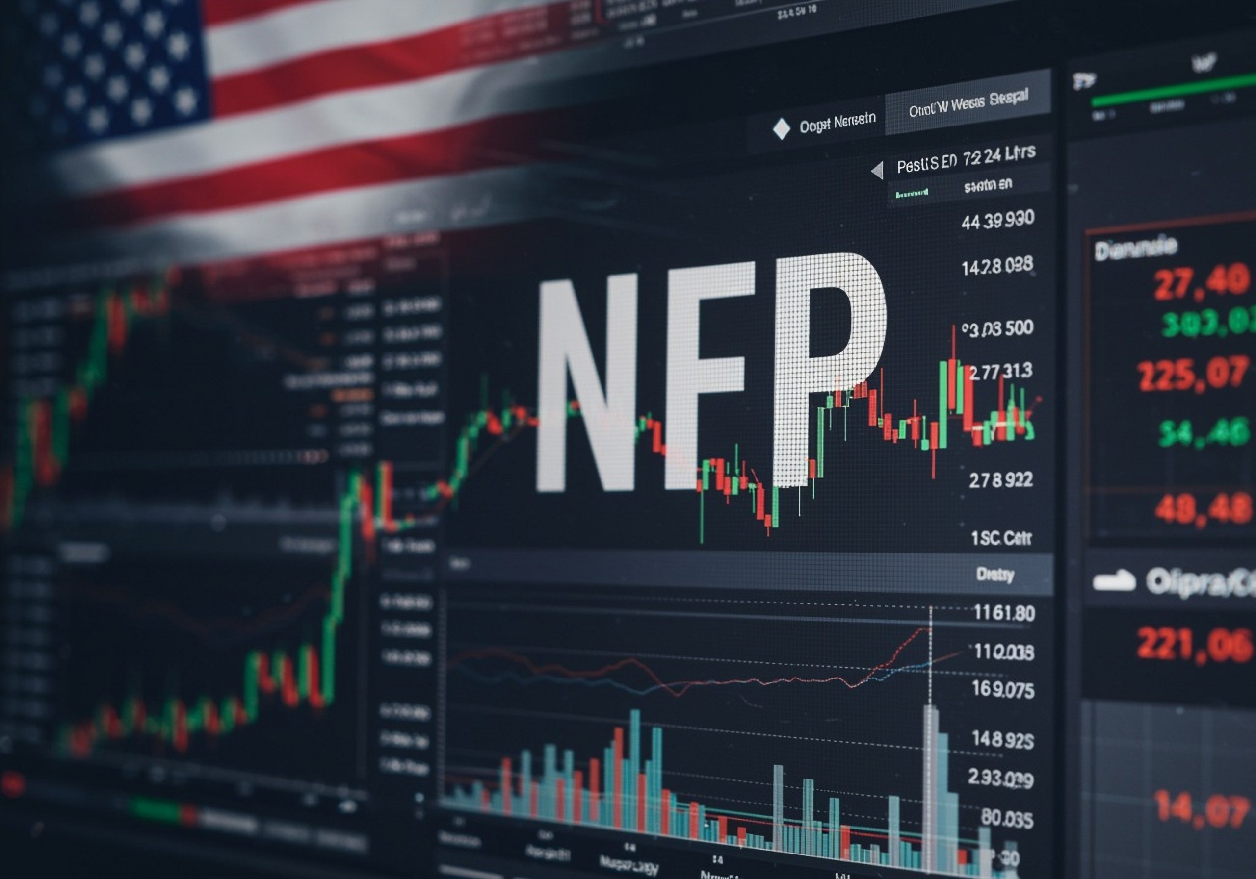Stock market dashboard with candlestick charts and numeric data, large 'NFP' text, and an American flag in the background.