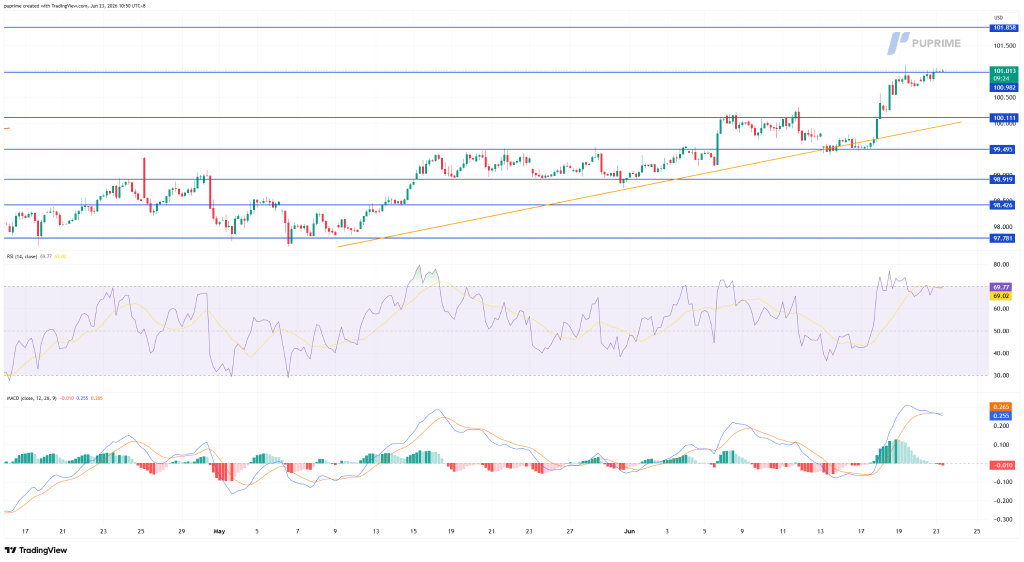 image – PU Prime | More Than Trading USD price chart with blue support/resistance lines and an orange ascending trendline; RSI and MACD indicators shown below.