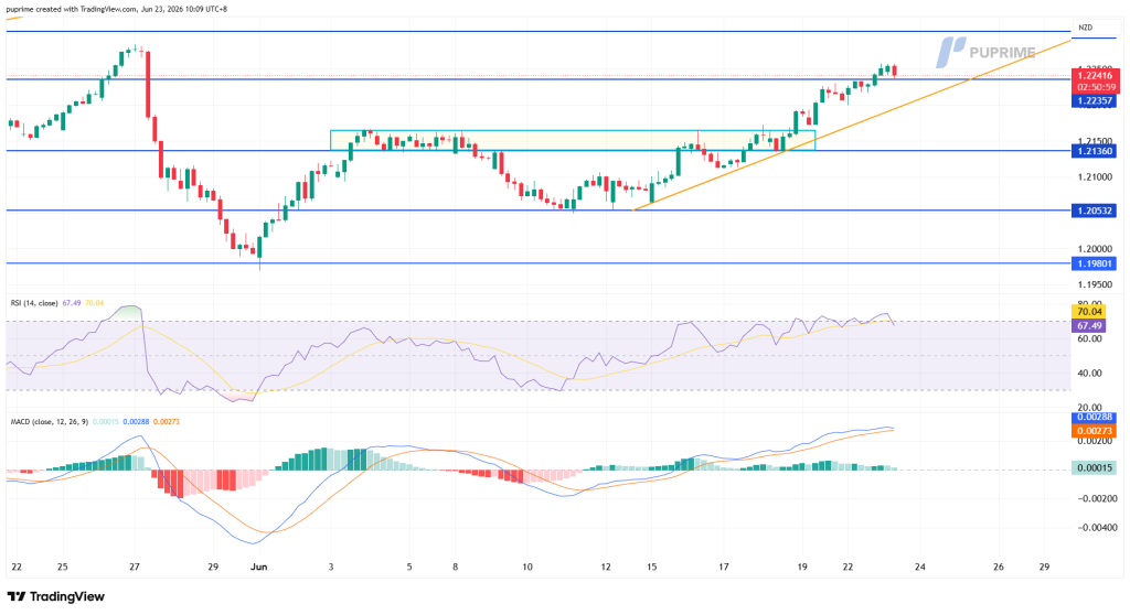 Candlestick NZD price chart with blue support/resistance lines and an orange uptrend line, plus RSI and MACD indicators below.