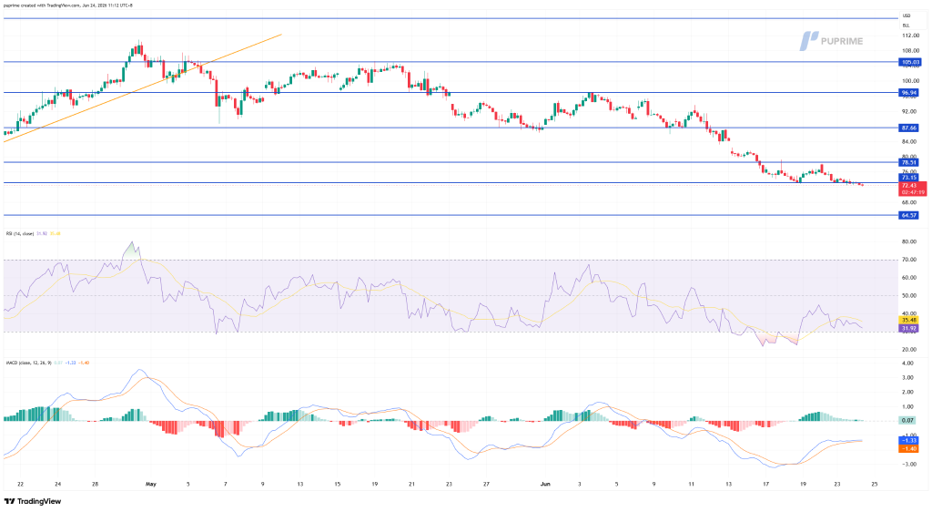 image – PU Prime | More Than Trading Price chart with multiple resistance/support lines showing a downtrend; current price around 72-73 with recent consolidation.