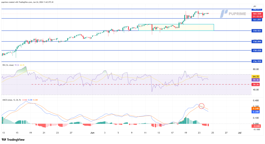 image – PU Prime | More Than Trading Candlestick chart showing an uptrend with blue horizontal support and resistance lines, a highlighted consolidation rectangle around late May–June, and RSI and MACD indicators below.