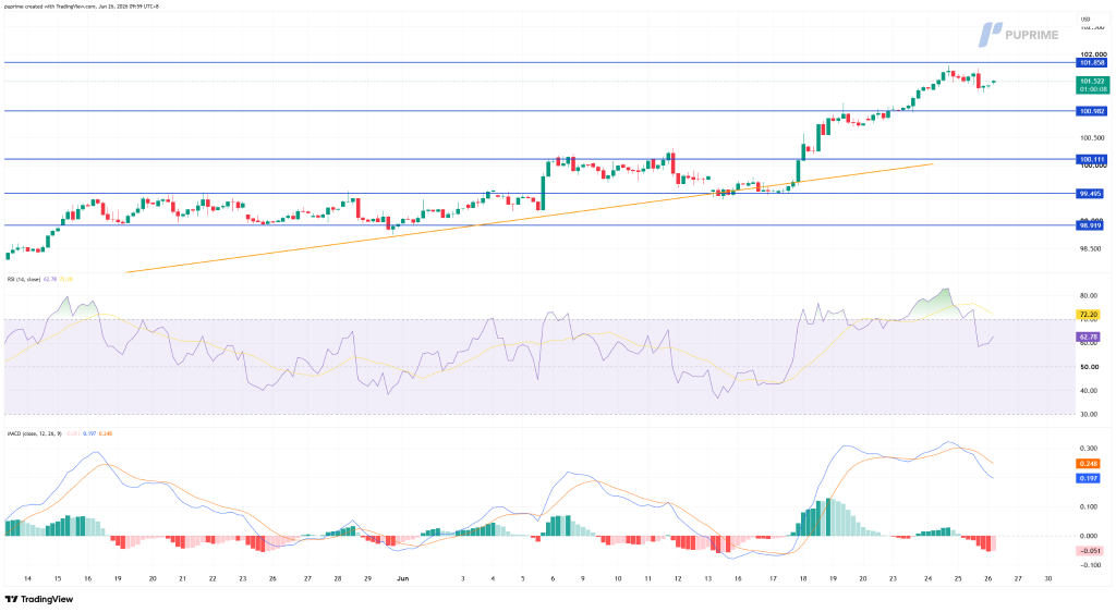 Candlestick price chart with multiple blue horizontal support/resistance lines and an orange uptrend line; RSI and MACD indicators below; current price near 101.5.