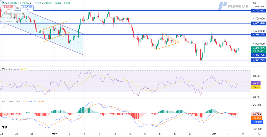 Candlestick chart with blue support/resistance lines, price channels, and buy/sell markers; RSI and MACD indicators below.