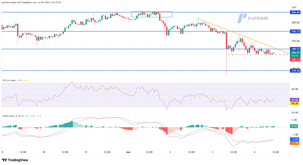 TradingView crypto chart: price candles with an orange downtrend line, major supports at 179.10 and 186.97, resistances at 196.15 and 204.44, plus RSI and MACD below