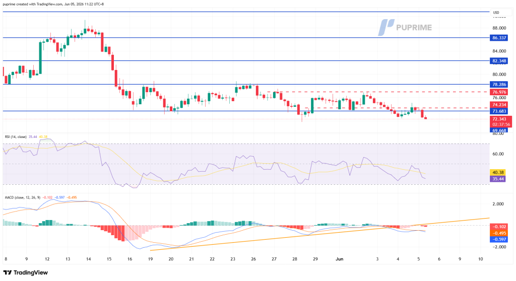 Trading chart (candlesticks) from May to June showing a downtrend with blue horizontal support/resistance lines and dashed levels; RSI and MACD indicators displayed below.