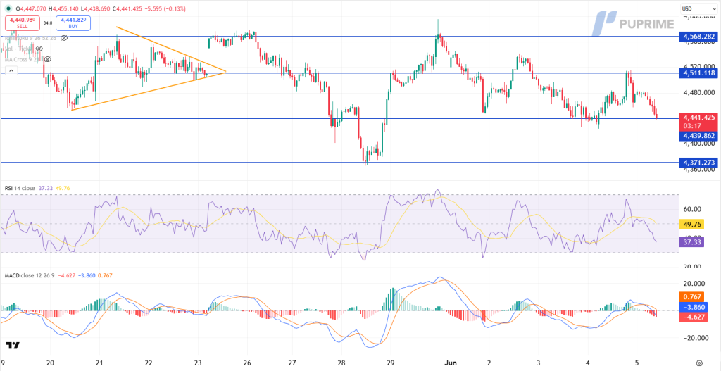 Trading chart of USD with candlesticks; blue horizontal support/resistance lines, orange triangle pattern, current price ~4,441.43, plus RSI and MACD panels below.