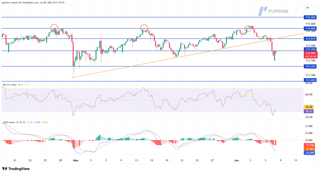 image – PU Prime | More Than Trading Candlestick chart of a currency pair with blue support/resistance lines, an orange uptrend line, and RSI/MACD indicators beneath; several circled price tops indicate resistance.