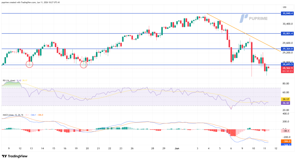 image – PU Prime | More Than Trading Candlestick price chart with blue horizontal support at ~28,695 and resistance at ~30,001, plus an orange downward trendline and RSI/MACD panels below.