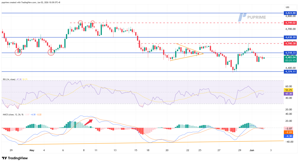 image – PU Prime | More Than Trading TradingView candlestick chart with multiple blue horizontal support/resistance lines and red dashed resistance levels, showing an orange triangle pattern formed by converging trendlines. Circles highlight notable price bounces around support. Lower panels display RSI and MACD indicators. The watermark and date/time stamp are visible in the top-right corner.