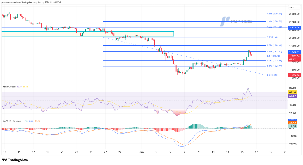 Chart of a downtrend reversal in USDT pair with Fibonacci levels and support at 1,535.46; RSI ~60 and MACD below shows momentum.