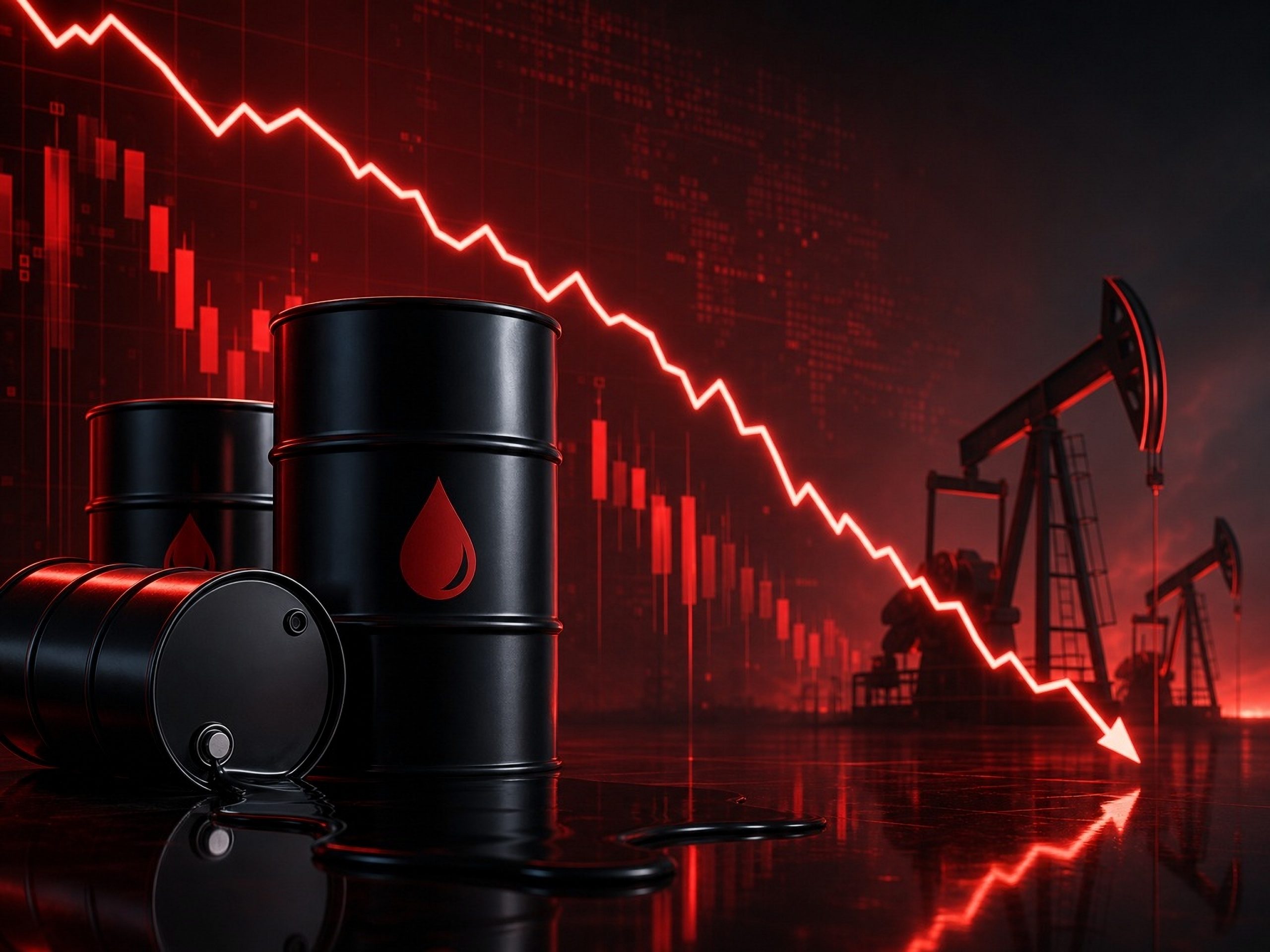 Oil barrels in the foreground with a red downward stock chart and oil pumps in the background, on a dark red scene.