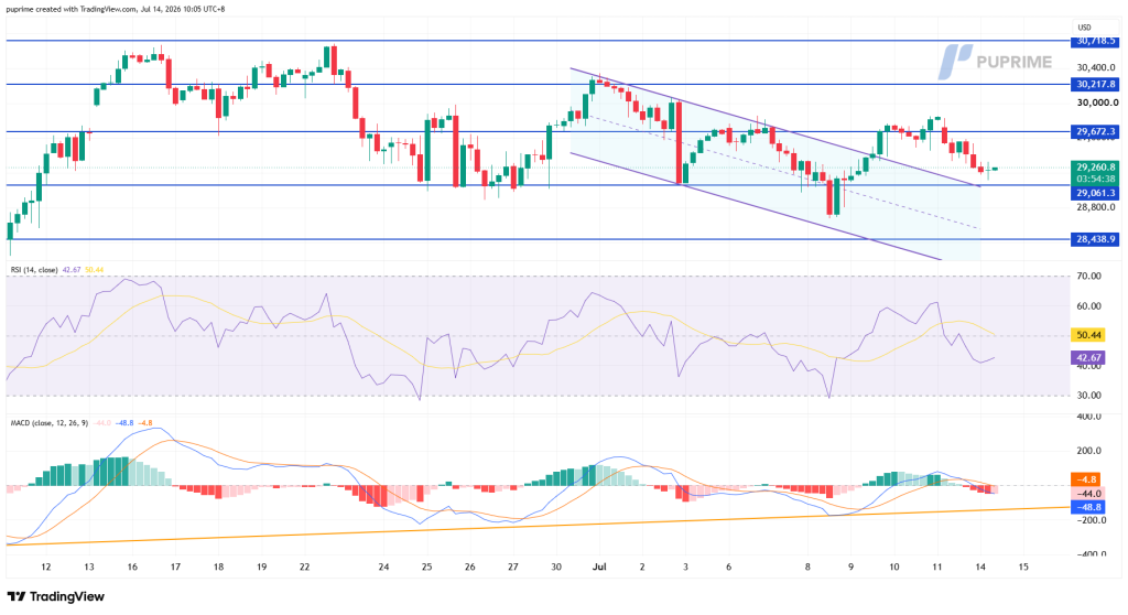 image – PU Prime | More Than Trading Candlestick chart with a descending price channel, parallel purple lines, and horizontal support around 29,060 and resistance near 30,217; RSI and MACD panels below.