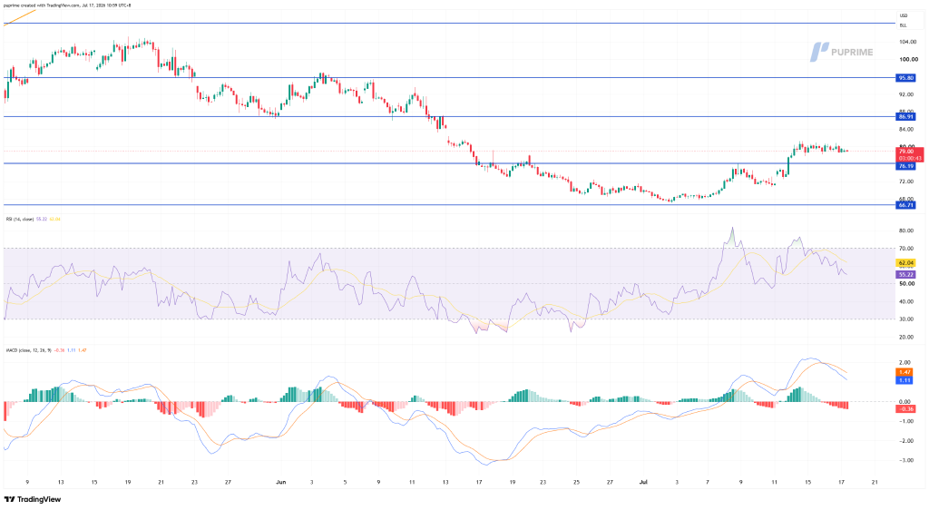 TradingView price chart showing a downtrend with key levels: resistance near 86.91 and 95.80, support near 76.19 and 66.71; RSI and MACD below.