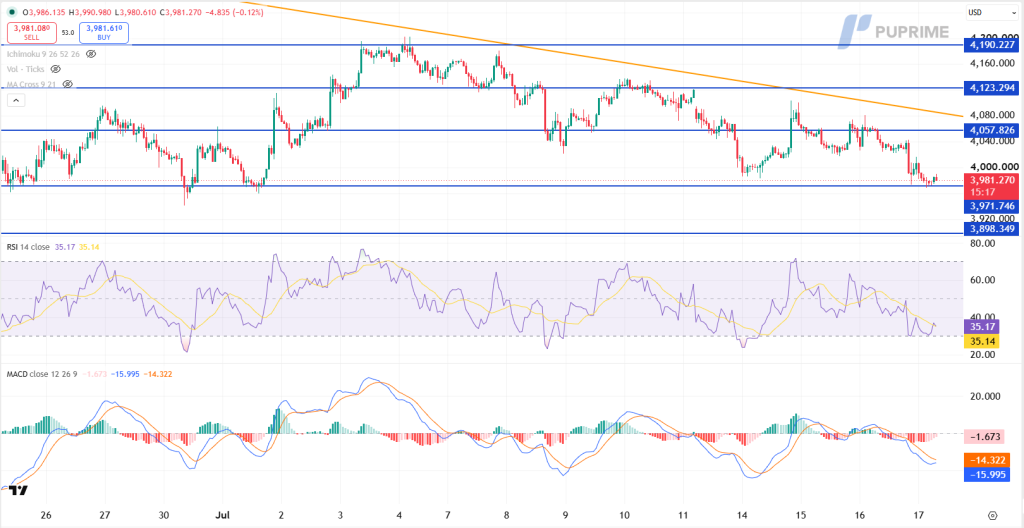 Candlestick chart with blue support/resistance lines and an orange downtrend line; price near 3,981, with RSI and MACD indicators below.