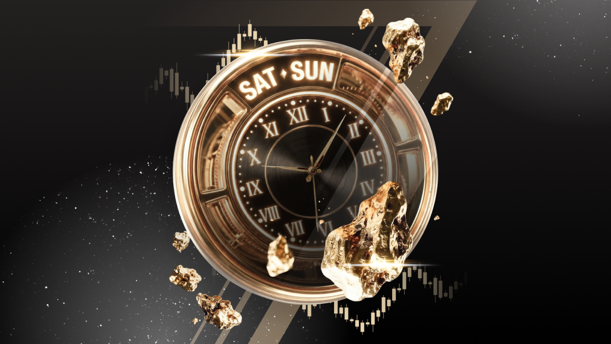 Gold clock with Roman numerals and 'SAT · SUN' on the rim, surrounded by rocks, against a dark background with faint financial charts.