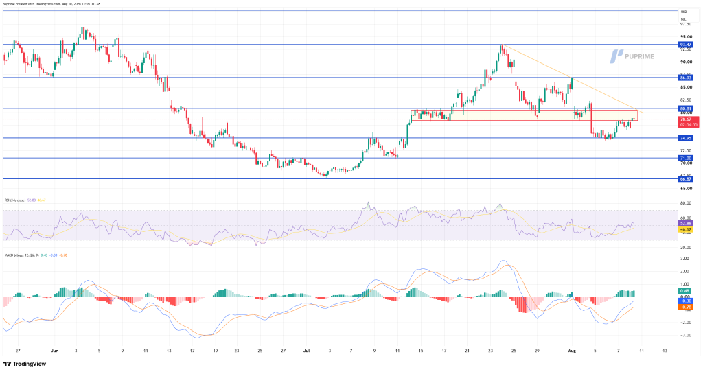 Price chart with blue support/resistance lines and RSI/MACD indicators below it; shows price moving between levels around 93 and 75 with an orange downward trendline.