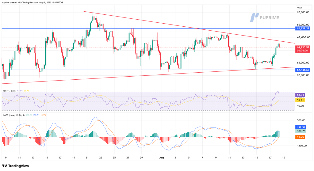 image – PU Prime | More Than Trading Candlestick chart of USDT showing a wedge pattern with red trendlines, blue support ~62k and resistance ~65k; RSI and MACD below.