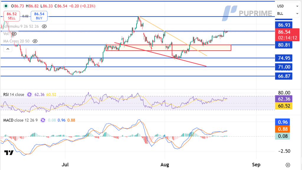 image – PU Prime | More Than Trading Trading chart showing price action with blue support/resistance lines, orange trend line, and a red support box; RSI and MACD indicators shown below the chart.