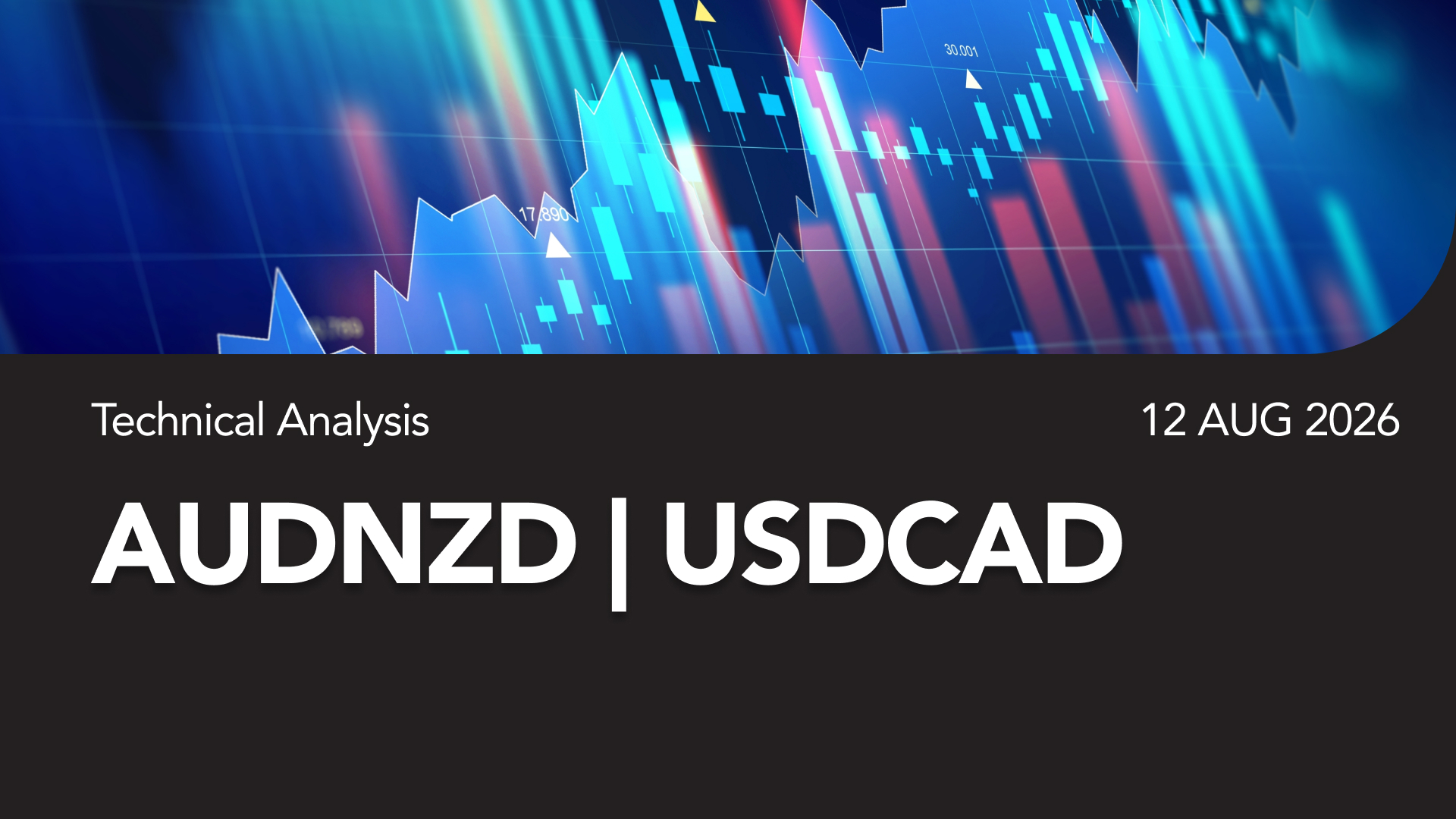 Technical Analysis banner showing AUDNZD and USDCAD with date 12 AUG 2026 over a blue stock-chart background.