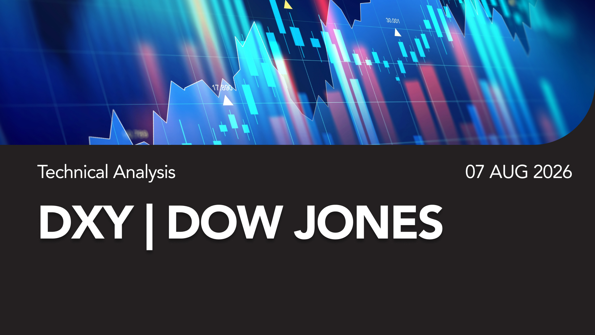 Header banner for Technical Analysis with stock market charts and blue candlesticks. Includes 'DXY | DOW JONES' and date 07 Aug 2026.