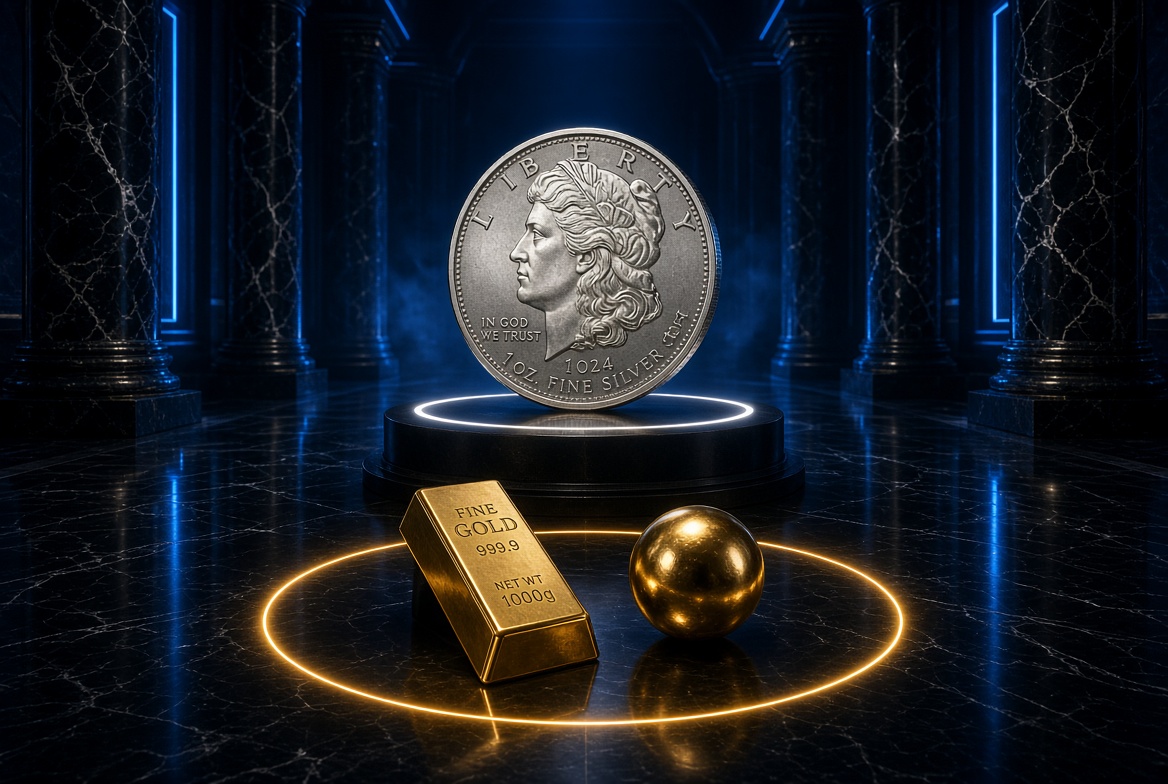 A silver coin on a podium with blue lighting, surrounded by futuristic circular glow in a marble hall.