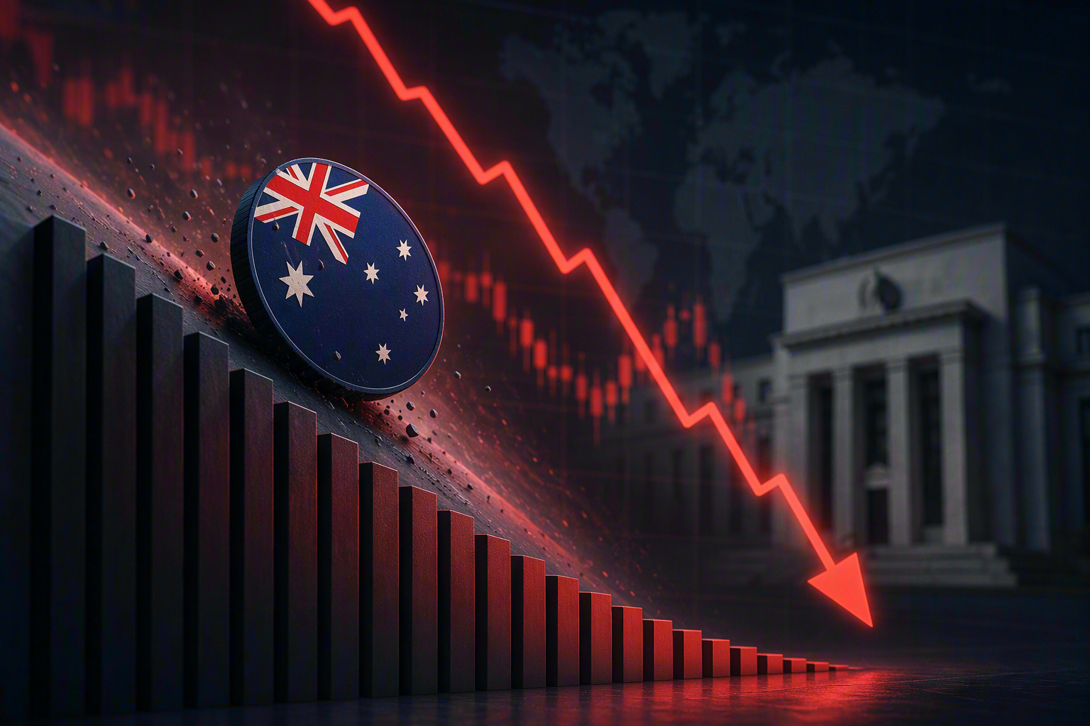 Australian flag coin rests on a descending bar chart with a red downward arrow, signaling a market drop.