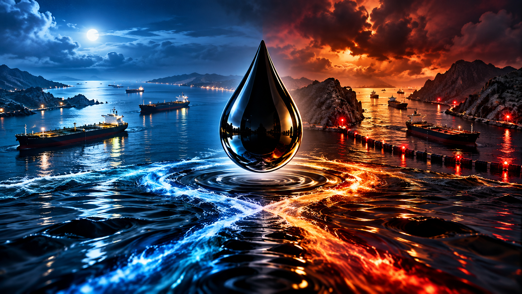 A large reflective oil drop hovering above water, split blue and orange hues, with ships in a harbor beneath a dramatic sky dramatizing oil and energy contrast.