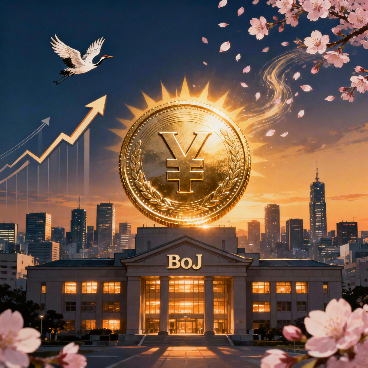 Giant glowing yen coin hovering above the Bank of Japan building at sunset, with cherry blossoms in the foreground and a rising stock chart in the background.
