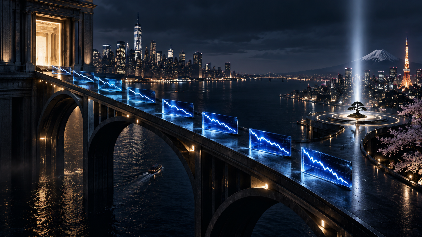 Night view of a city across water; a bridge lined with glowing blue stock-chart panels and a circular plaza with a tree, lit by a vertical beam.