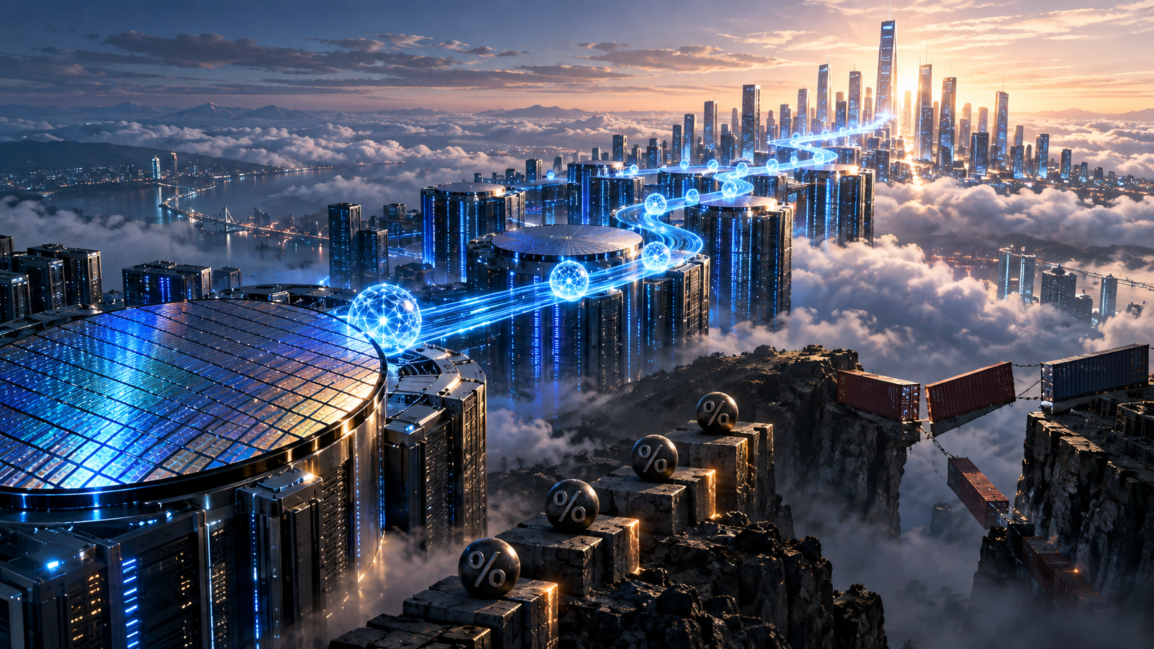 Futuristic city skyline above the clouds with a glowing blue energy path linking tall towers and floating nodes; percent signs on rocky ledges nearby.