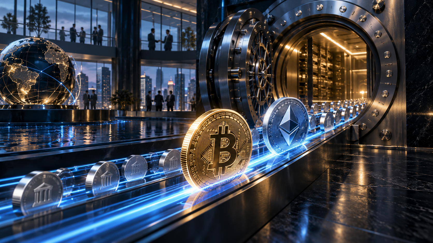 Bitcoin and other crypto coins move along a glowing blue conveyor toward a massive bank vault in a futuristic lobby setting.
