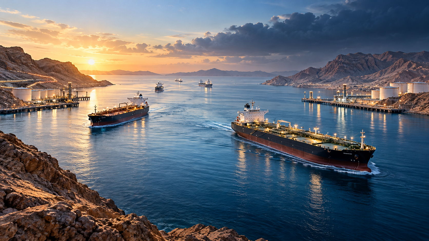 Cargo ships sail through a busy harbor at sunset, with rocky cliffs and illuminated docks on both sides.
