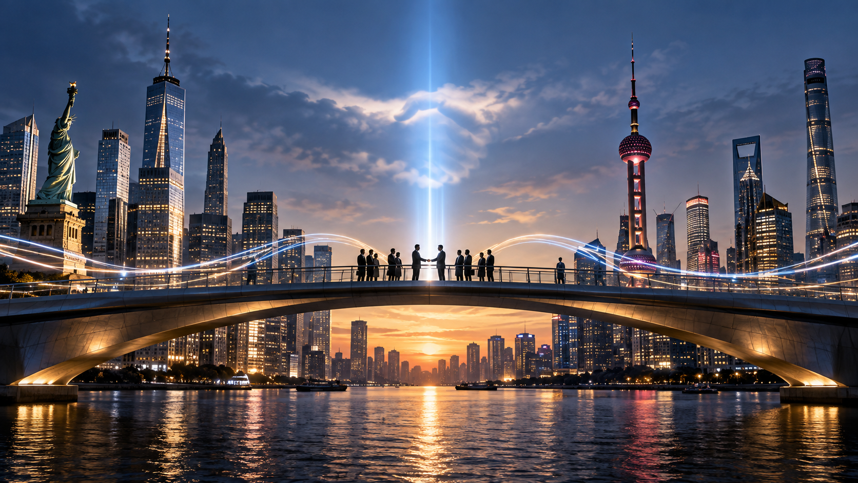 Silhouetted professionals on a bridge at sunset, shaking hands as a vertical blue light beam rises from the city skyline behind them.