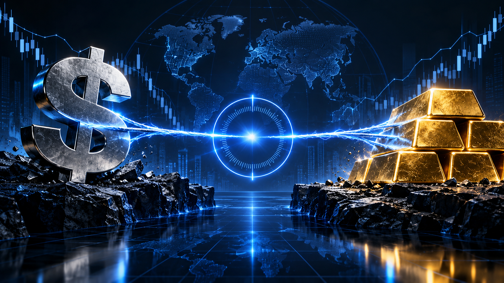 Large metallic dollar sign faces a stack of gold bars across a rocky fissure, connected by blue neon lines against a digital world map backdrop, symbolizing crypto vs gold.