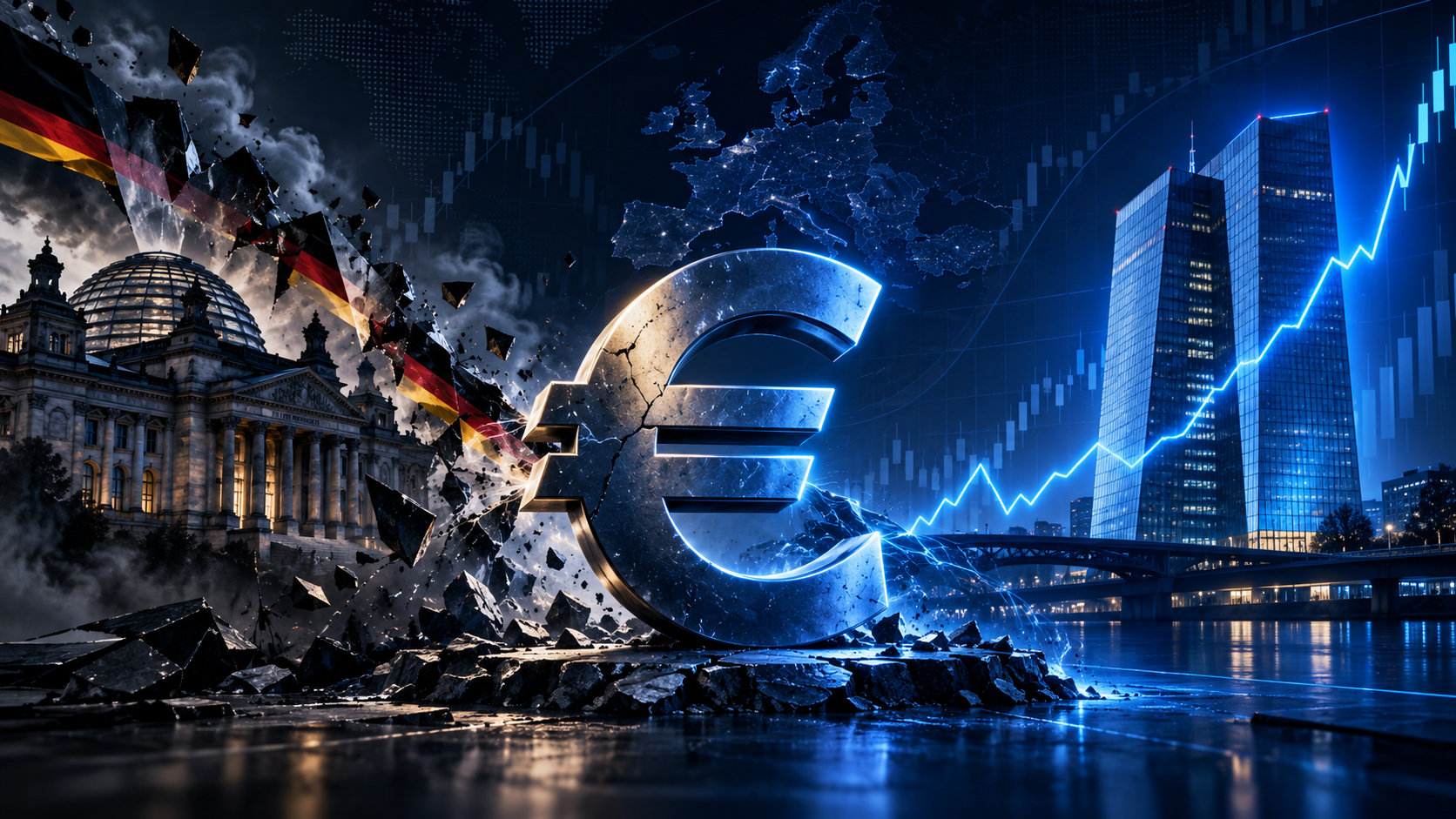 Euro symbol breaking through rubble with the Berlin landmark and a German flag, plus an upward stock graph in blue.