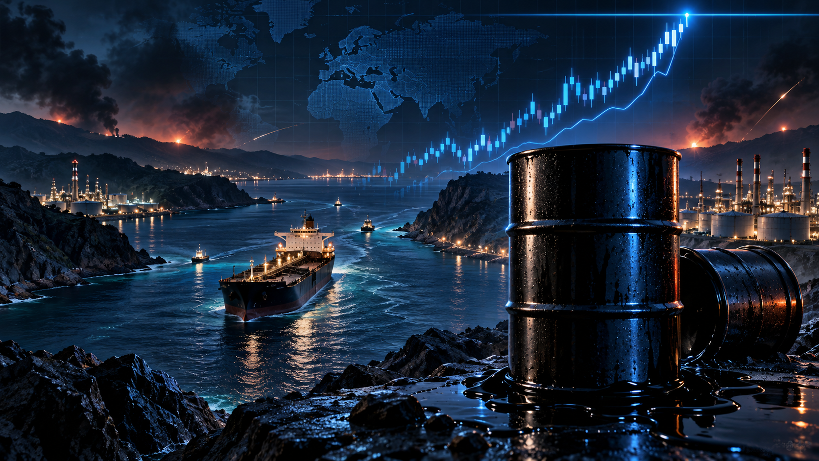 Industrial oil-scene at night: a large oil drum in the foreground, a tanker navigating a waterway toward a refinery with smokestacks in the distance, and a glowing blue stock-market line with a world-map grid in the sky.