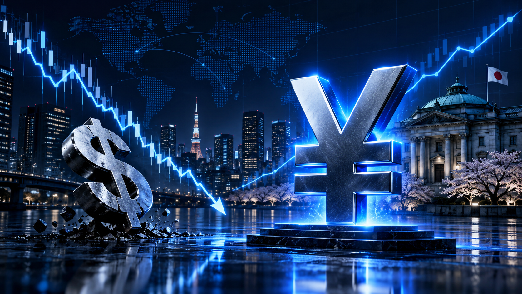 Large glowing yen symbol on a pedestal with a shattered dollar sign, set against a neon cityscape and global market chart.