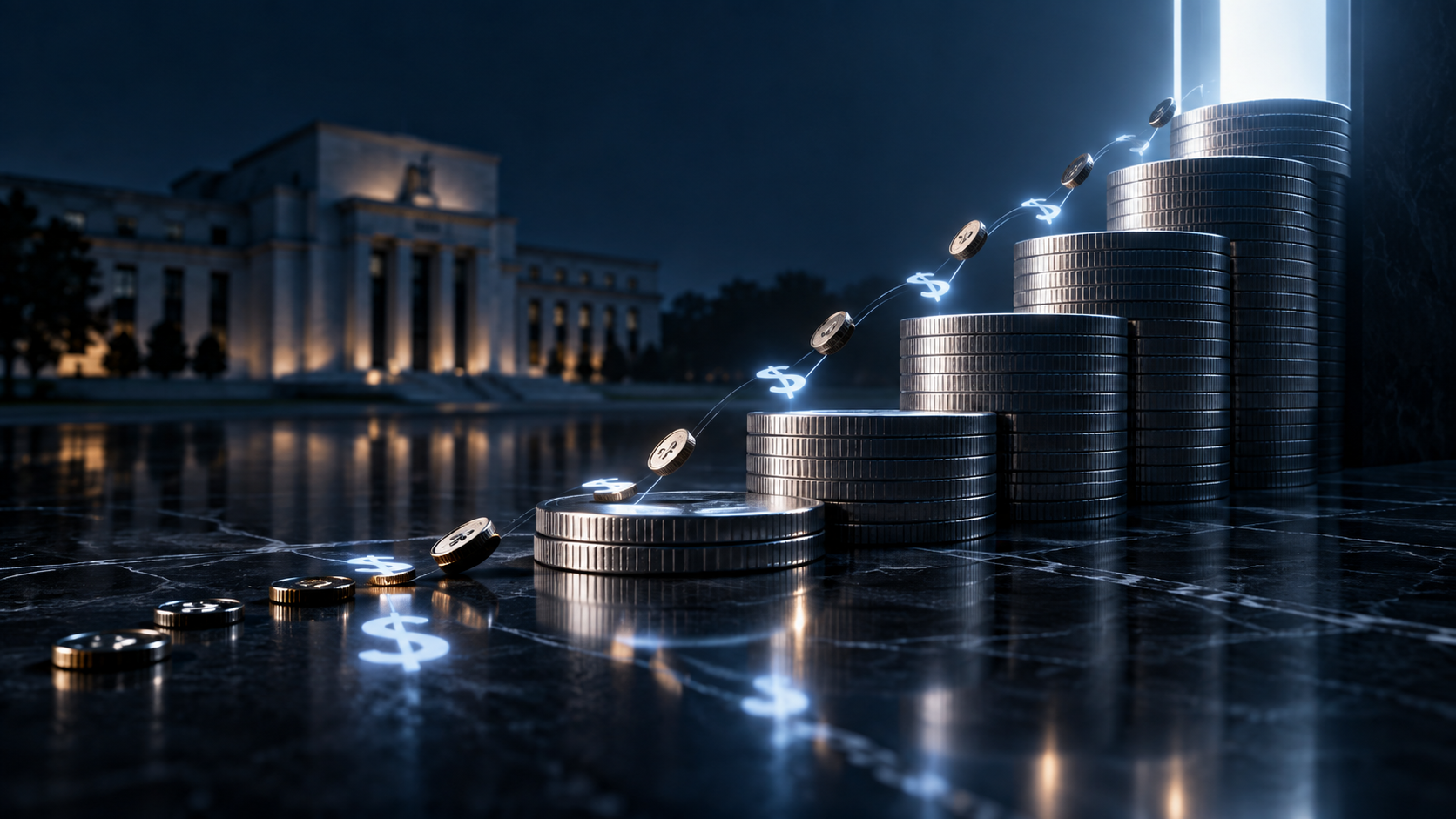Stacks of silver coins ascend like a staircase while glowing dollar signs arc upward over a dark marble surface, with a city building lit in the background at night.