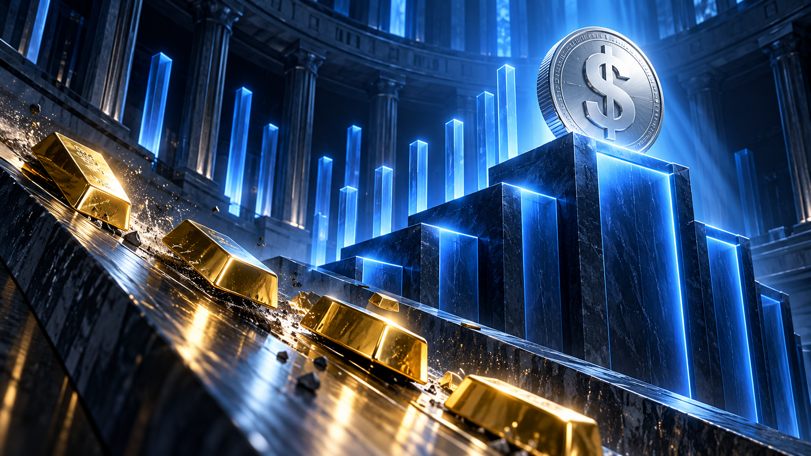 Gold bars slide on a marble conveyor toward a glowing blue pedestal in a high-tech vault.